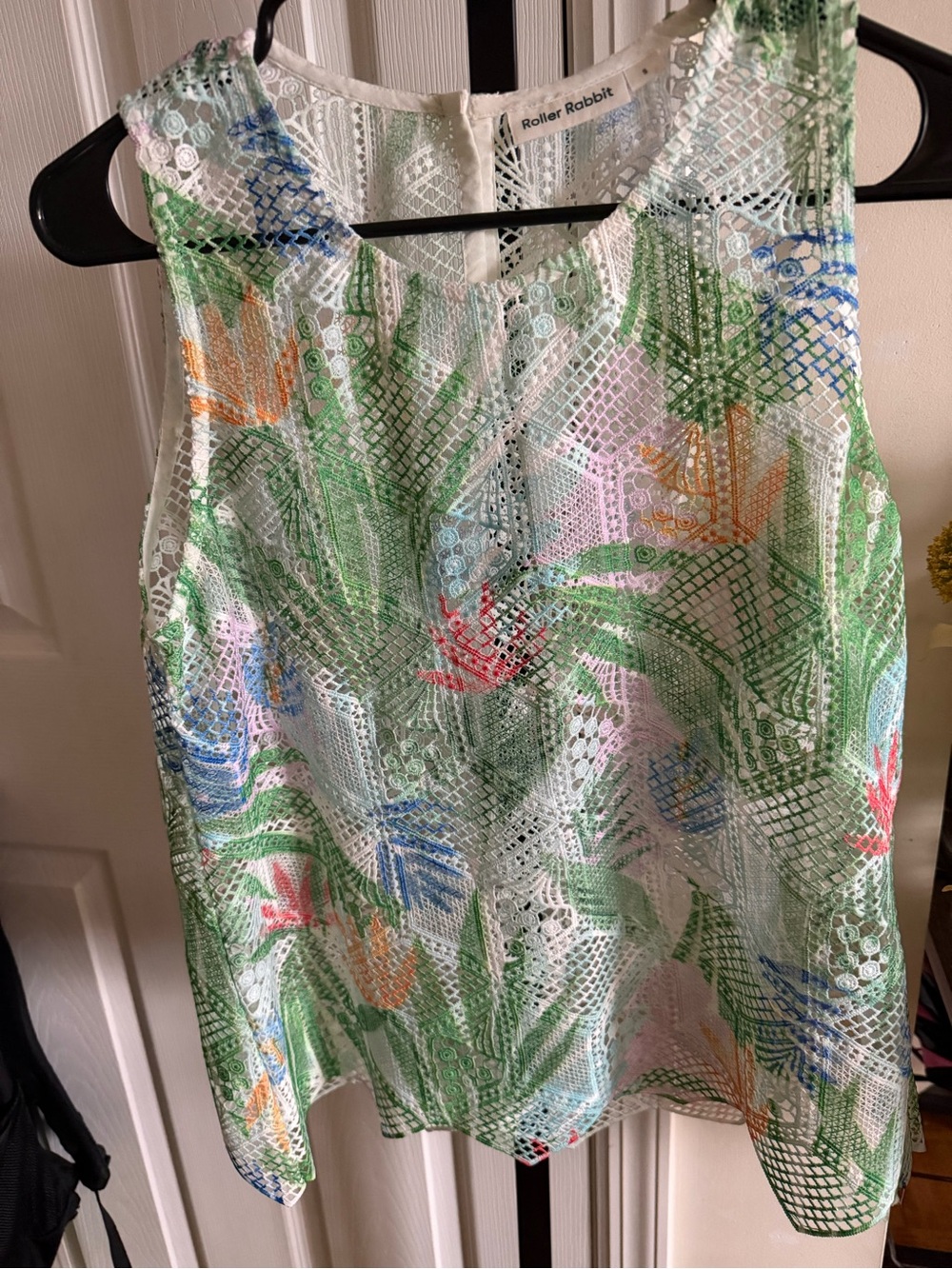 Roller Rabbit White Lace Top with Green & Pastel Accents